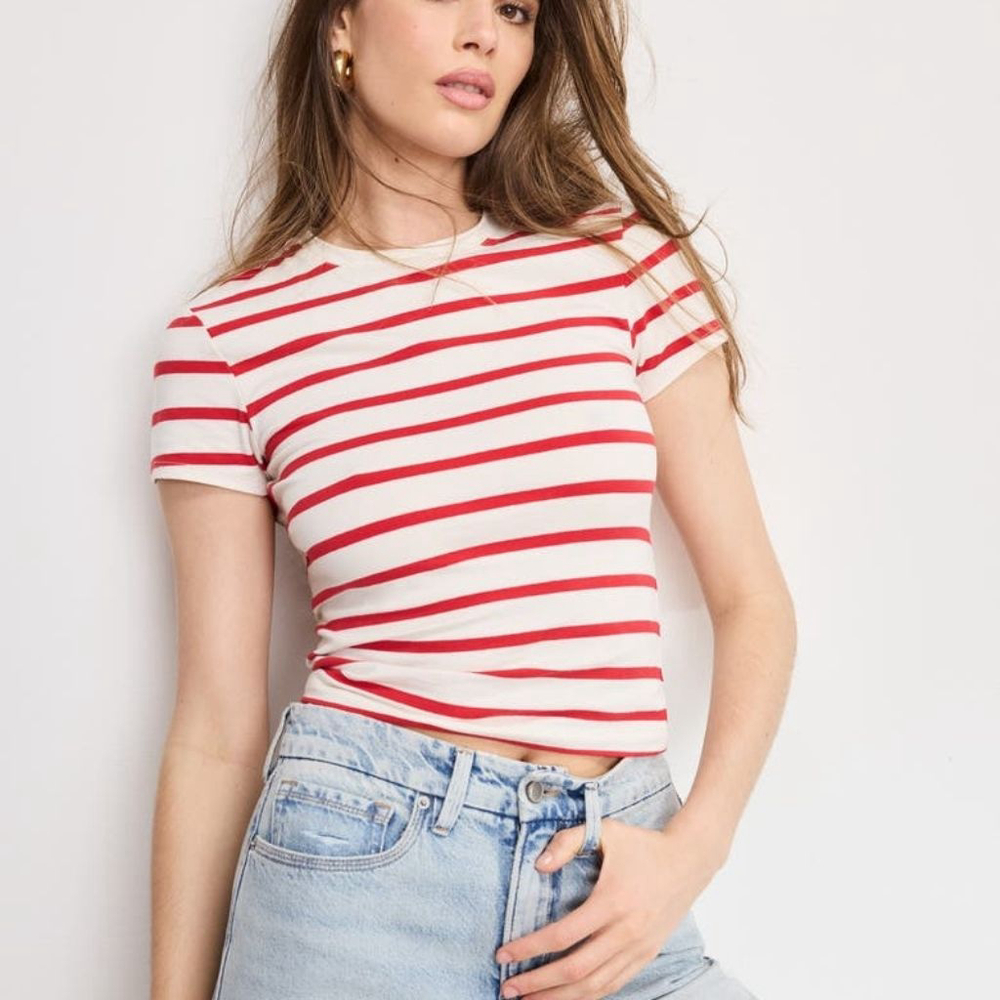 Good American Super Stretch Baby Tee Ecru & Chili red Stripe women's small S NWT